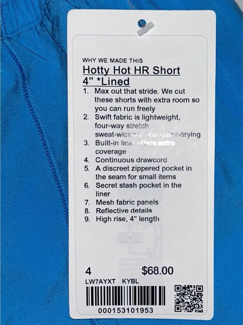 NWT LULULEMON SIZE 4 HOTTY HOT HIGH RISE 4” SHORT LINED AUTHENTIC KAYAK BLUE